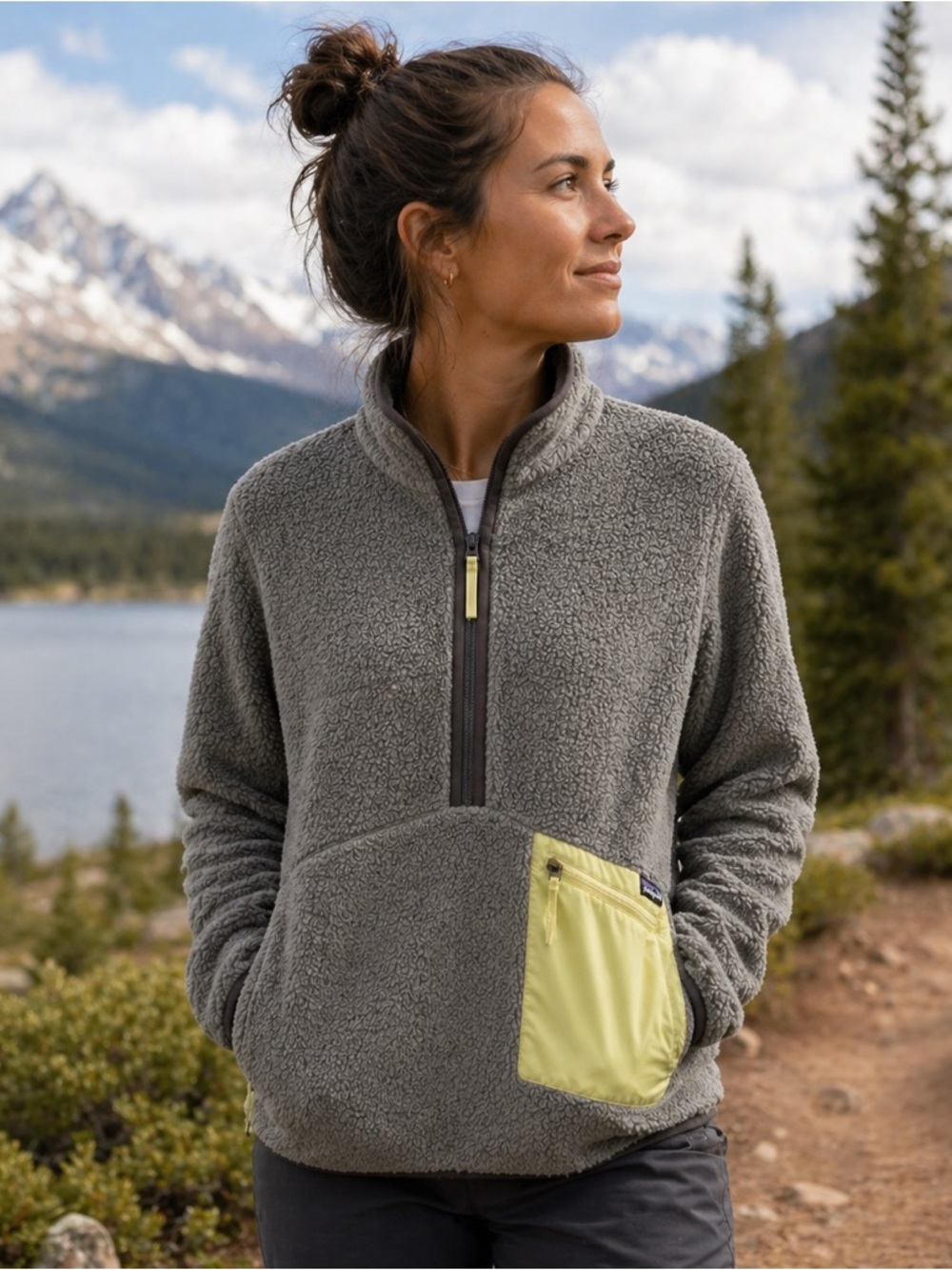 Patagonia XS Fleece Pullover Snap-T Style Gray Green Pocket Women’s NWT